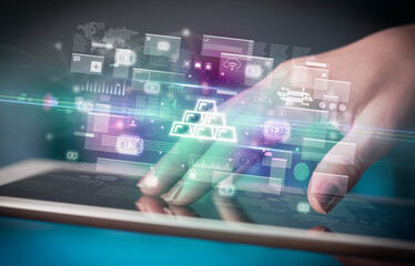 Close-up of a hand using tablet, currency concept