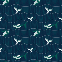 Seamless vector pattern with ocean waves and whales. Atmospheric repeating sea background in dark blue and green tones