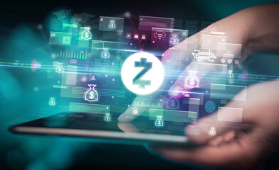 Close-up of a hand using tablet, currency concept