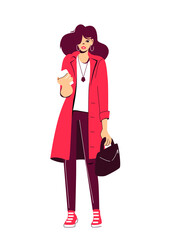 A stressed business woman walks down the street with a phone and a bag. Fashionable full-length portrait. Vector illustration isolated on white background