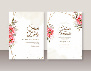 Minimalist wedding invitation template with flower watercolor