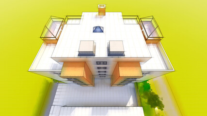 Small functional condominium with its own enclosed area, garage and swimming pool. Area with umbrellas for relaxing in warm weather. Summer Sunny day with small clouds. 3d rendering.