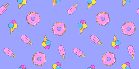Donuts and ice cream seamless pattern. Vector background from sweet pastries for design. Pastry concept.