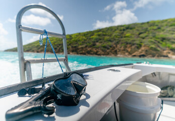 Obraz premium Snorkel Equipment on a boat while riding to Buck Island in St. Croix