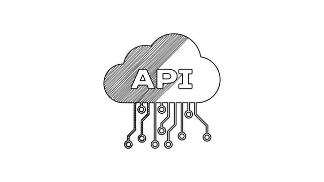 Black line Cloud api interface icon isolated on white background. Application programming interface API technology. Software integration. 4K Video motion graphic animation
