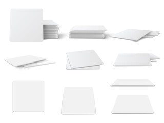 Realistic Round and square table coasters mockup set.