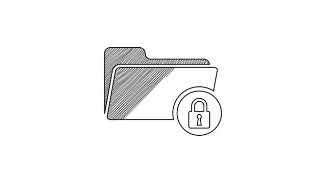 Black line Folder and lock icon isolated on white background. Closed folder and padlock. Security, safety, protection concept. 4K Video motion graphic animation