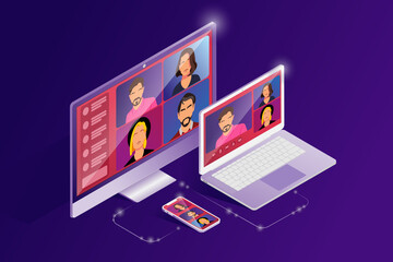 Video conference online call isometric landing page - colleagues business people team using conferencing tools for smart gadgets and webinar communication - learning or chatting - 3d vector - obrazy, fototapety, plakaty