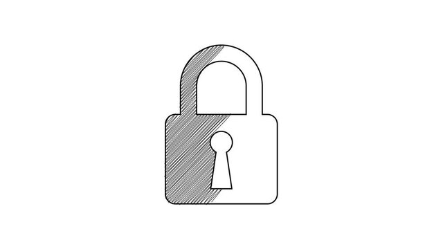 Black line Lock icon isolated on white background. Closed padlock sign. Cyber security concept. Digital data protection. Safety safety. 4K Video motion graphic animation