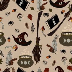 vector seamless pattern halloween eps . Doodle potion and wiccan symbols,  mushrooms and autumn leaves