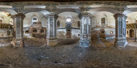 full seamless spherical hdri panorama 360 degrees angle view inside of interior of ruined abandoned choral Jewish synagogue in equirectangular projection. VR  AR content - obrazy, fototapety, plakaty