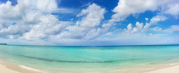 Fototapeta premium View of a beach and sea in the Mexican Caribbean, a sunny day with crystal clear water.