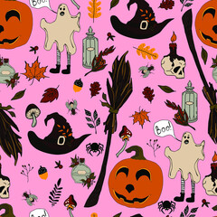 vector seamless pattern halloween eps . Doodle potion and wiccan symbols, pumpkin and skull , mushrooms and autumn leaves