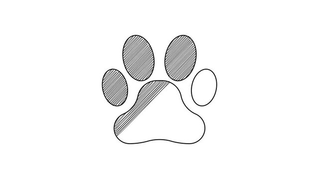 Black line Paw print icon isolated on white background. Dog or cat paw print. Animal track. 4K Video motion graphic animation