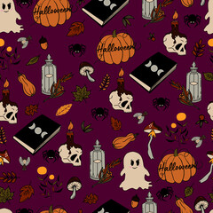 vector seamless pattern halloween eps . Doodle potion and wiccan symbols, pumpkin and skull , mushrooms and autumn leaves