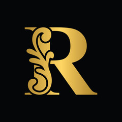 letter R golden flower  ornament. Vector logo. Monogram alphabet. Beautiful floral capital letters
