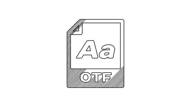 Black line OTF file document. Download otf button icon isolated on white background. OTF file symbol. 4K Video motion graphic animation