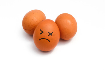 a Group of brown chicken eggs with tired faces isolated on white background. Tired, exhausted
fatigued concept background