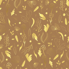 Fototapeta premium Vector seamless pattern of leaves and twigs. Golden botanical illustration