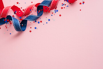 Happy Labor day USA banner mockup with confetti stars in American national colors and ribbons. US...