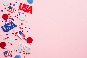 Happy Labor day banner mockup with American flags, confetti and decorations. US Independence Day, American Labor day, Memorial Day, US election concept.