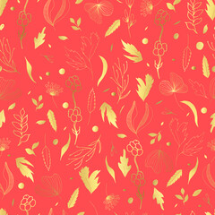 Vector seamless pattern of leaves and twigs. Golden botanical illustration