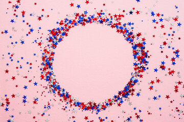 Happy Labor Day banner mockup with American flag color confetti circle on pink background. USA Independence Day, Memorial Day, US Veterans day concept.