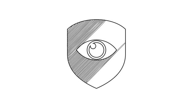 Black line Shield and eye icon isolated on white background. Security, safety, protection, privacy concept. 4K Video motion graphic animation