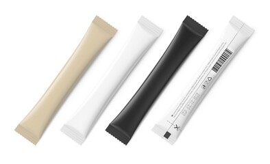 Set of blank realistic packing stick mockup. Front and rear side. Vector illustration isolated on white background. It can be used for sugar, coffee, ketchup, sous and etc. EPS10.