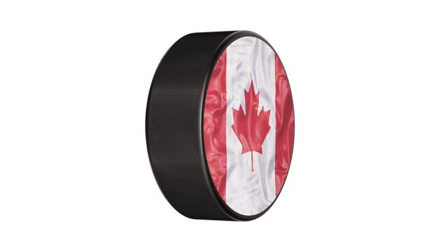 Realistic looping 3D animation of the stylized national flag of Canada label ice hockey puck rendered in UHD with alpha matte