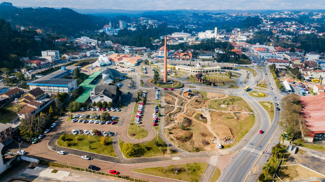 Rio Negrinho SC - Aerial view of the town hall square and Rio Negrinho chimney, Santa Catarina