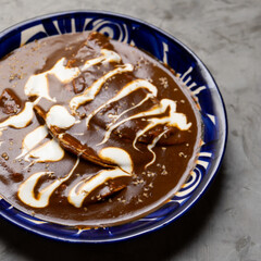 Mexican food. Enchiladas with mole sauce also called Enmoladas on grey background
