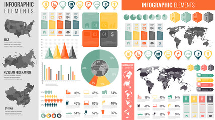 Infographic collection with world map and charts. Infographic template. Business and finance concept. Vector illustration - obrazy, fototapety, plakaty