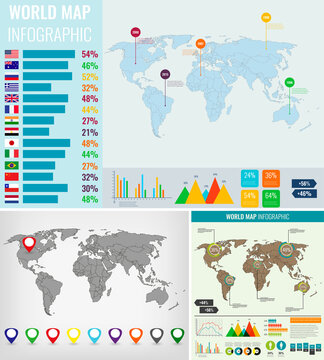 World map infographic template. All country are selectable. Vector illustration