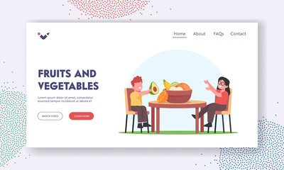 Fruits and Vegetables Landing Page Template. Children Characters Sit at Table Eat Raw Orchard Apples, Avocado, Orange