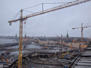 Fototapeta na wymiar Gamla Stan and Slussen infrastructure and construction, Stockholm, Sweden.