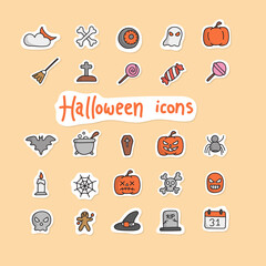 colorful Halloween icon set in sticker style vector illustration isolated on yellow background.