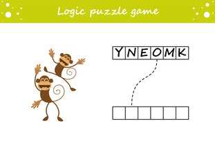 Logic puzzle game. Learning words monkey in english. Find the hidden name. Activity page for study English. Game for children. Vector illustration.