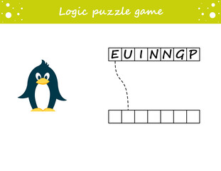 Logic puzzle game. Learning words penguin in english. Find the hidden name. Activity page for study English. Game for children. Vector illustration.