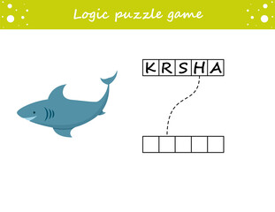 Logic puzzle game. Learning words shark in english. Find the hidden name. Activity page for study English. Game for children. Vector illustration.