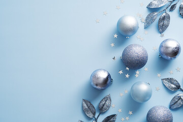 Christmas background with silver and blue balls and decorations. Luxury Xmas banner design, Elegant...
