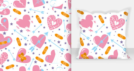 Fototapeta na wymiar Broken hearts vector set of icons and symbols in pink color with wound, patches, stitches and bandages isolated in white background. Vector illustration.