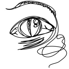 One line witch eye on a white background. Feline look with a thin vertical pupil. Abstraction for Halloween with a man in lenses. The sinister face of the witch. Editable stroke.
