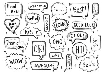 Comic speech bubble set with dialog word hi, ok, bye, welcome. Hand drawn sketch doodle style. Vector illustration speech bubble chat, message element.