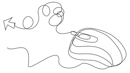 Computer mouse in one line in vector format. The customer clicks the arrow. Stock illustration with manipulative device on white isolate.
