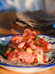 Octopus Ceviche on Blue Corn Tostadas, Mexican Seafood Dish