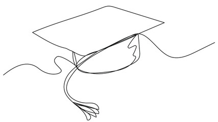 One line student cap on white background. Vector illustration of the sign of a graduate and a specialist in their profession. Image for presentations, banners, brochures, educational groups.