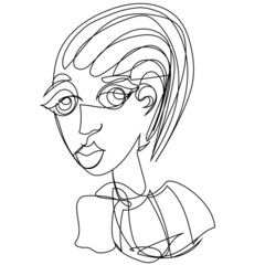 One line girl with a stylish hairstyle on a white background. Cartoon contour portrait of a young woman.
