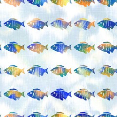 Batik fish tie dye wash background. Mottled underwater swimming fishes for beach swimwear. Fun summer trendy beach fashion print. Digital fluid watercolor effect. High resolution seamless pattern.