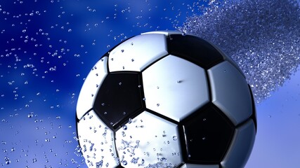 Soccer Ball with Diamond Water Particles under Blue Sky Lighting Background. 3D illustration. 3D high quality rendering. 3D CG.
